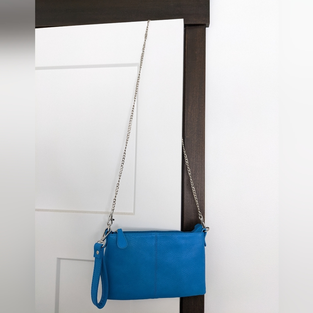 Blue wristlet with metal chain strap